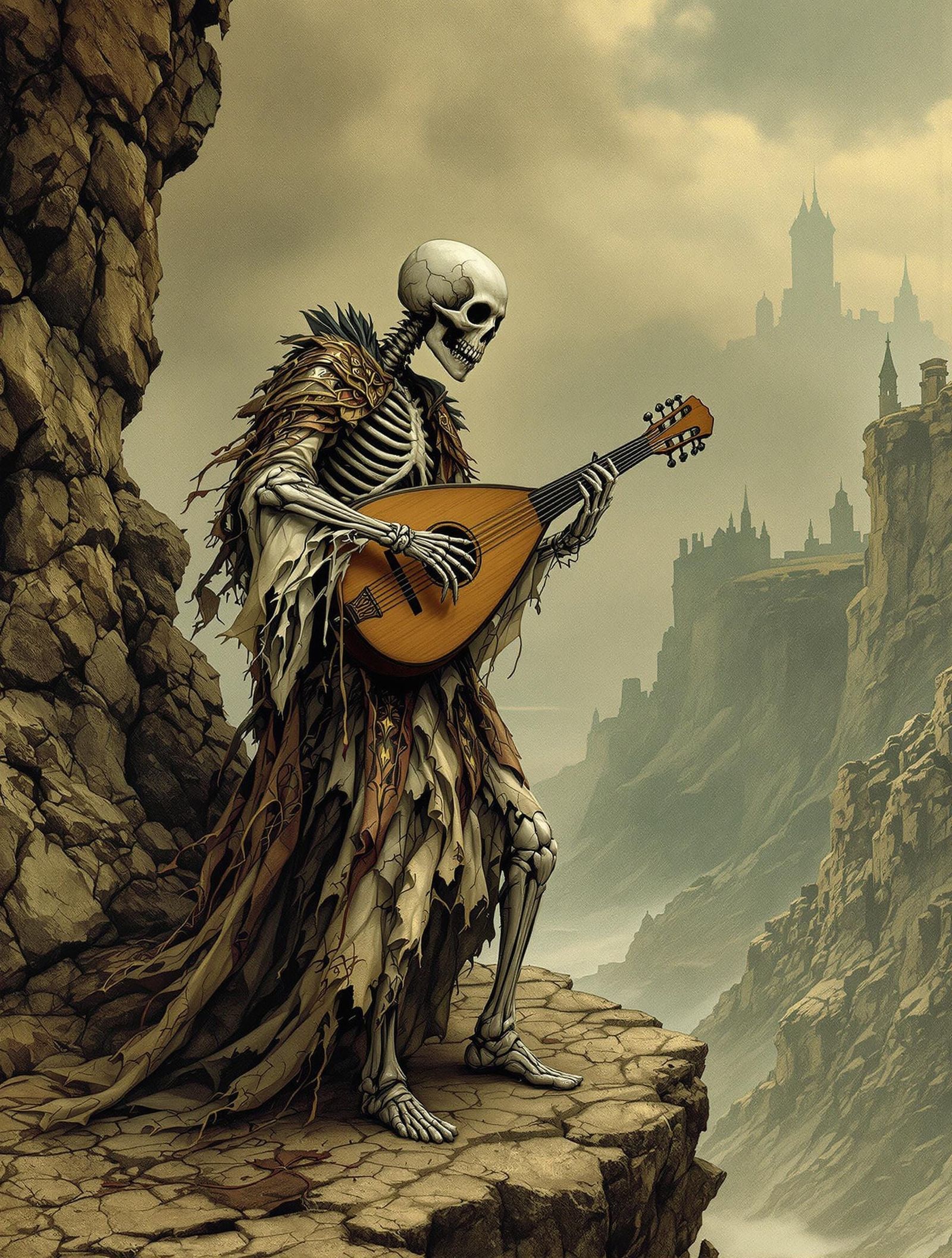 Skeleton Lute Player in Gothic Horror Style