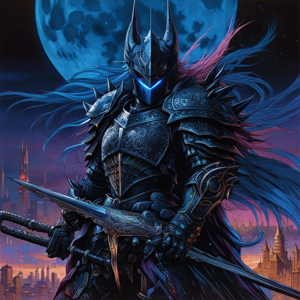 Dark Knight in Intricate Armor with Azure Moon