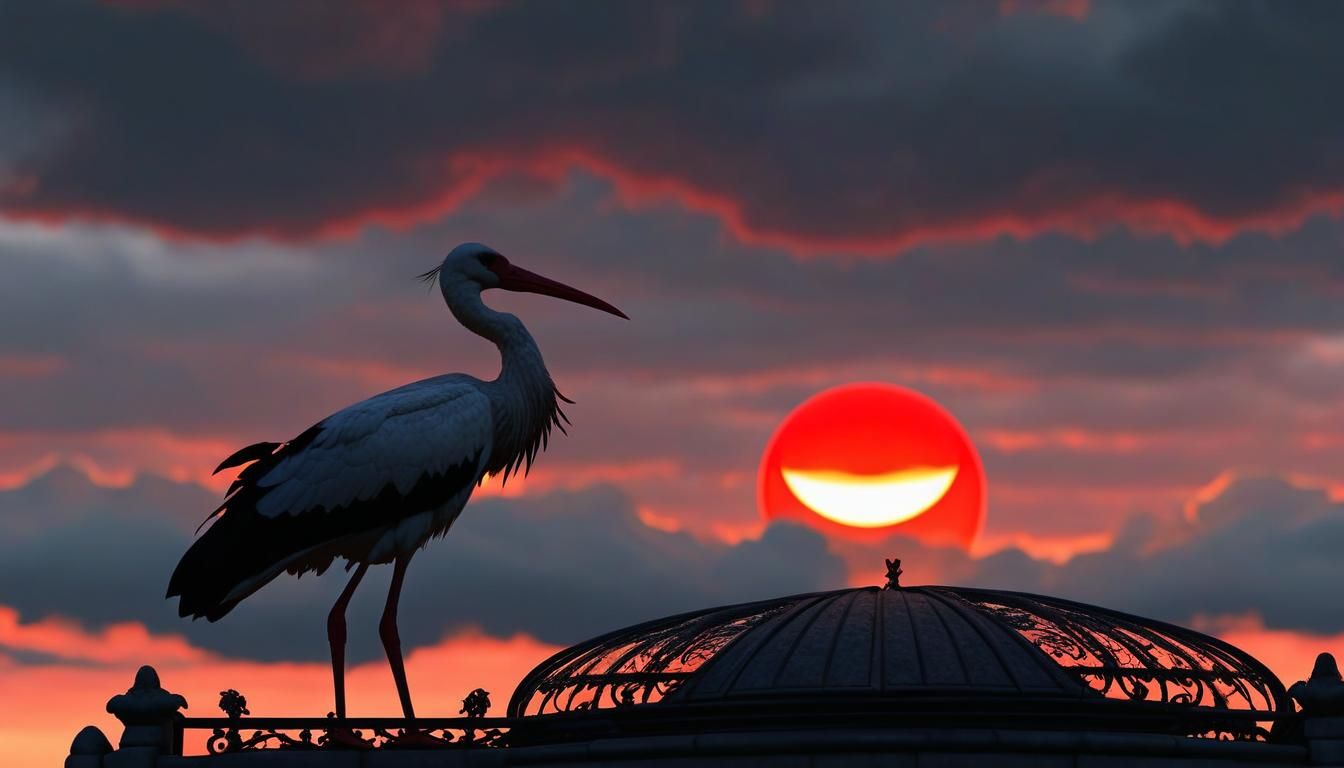 Stork Silhouette Against Red Sunset in Art Nouveau Style