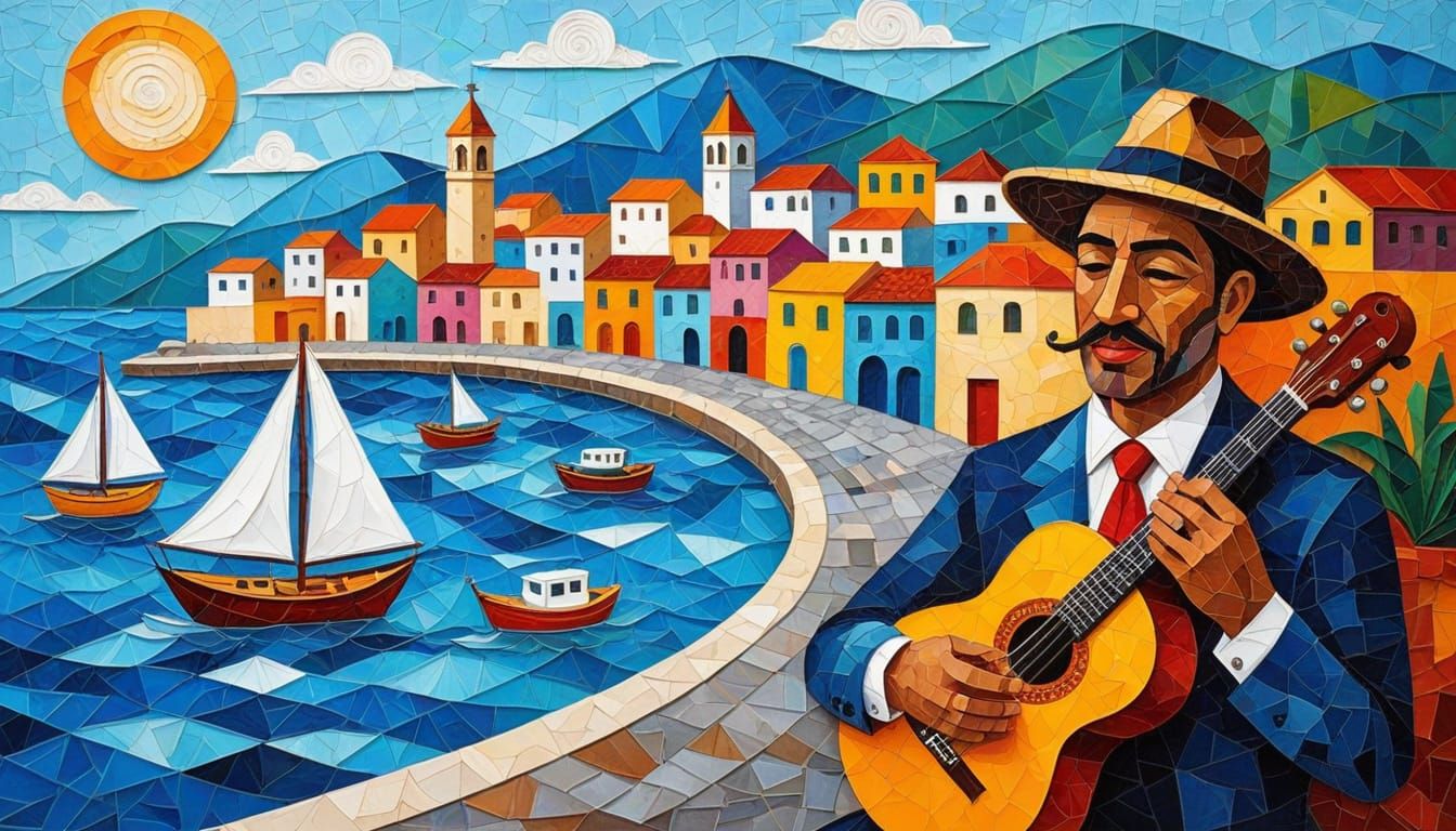 Cubist Mediterranean Port Scene With Musician