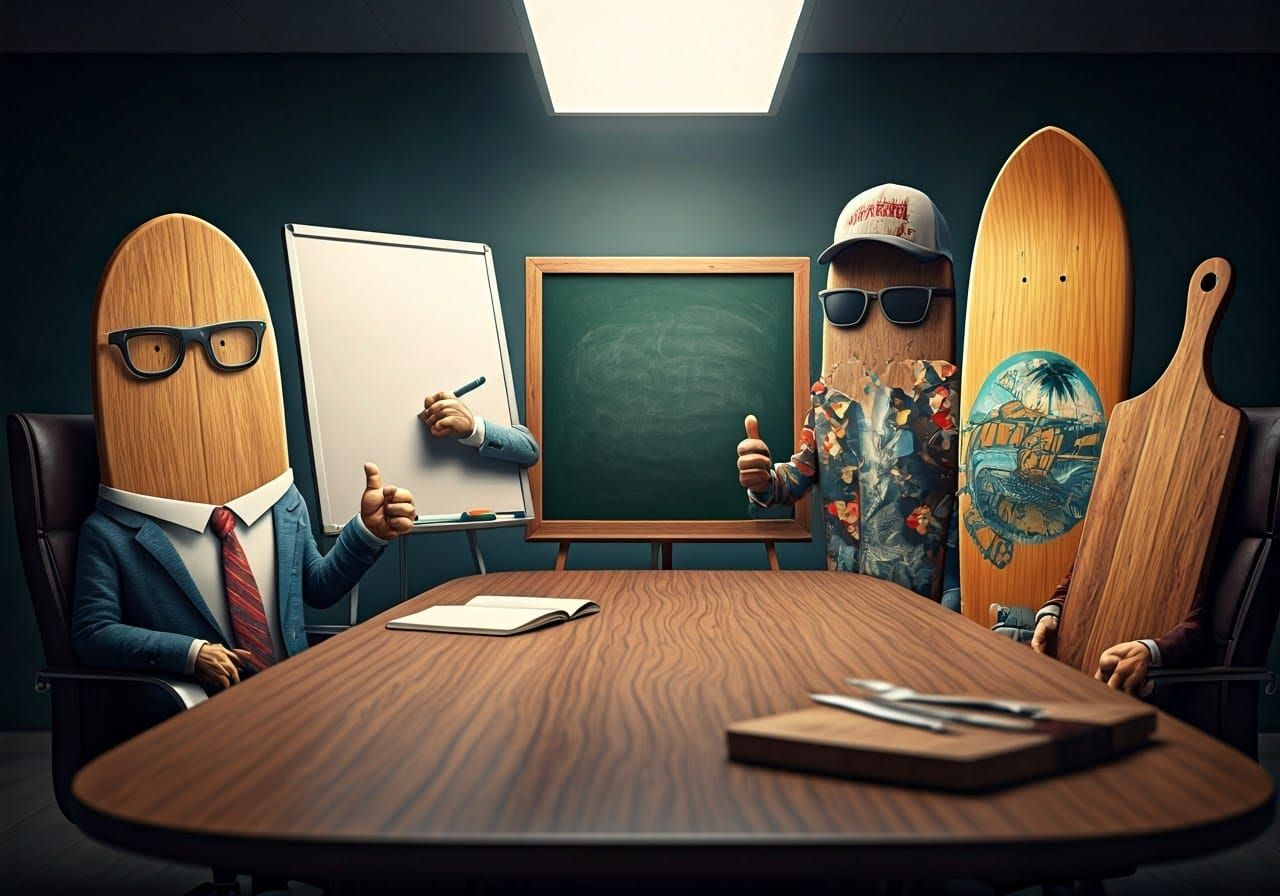 Anthropomorphic Boards Gather in a Modern Board Room