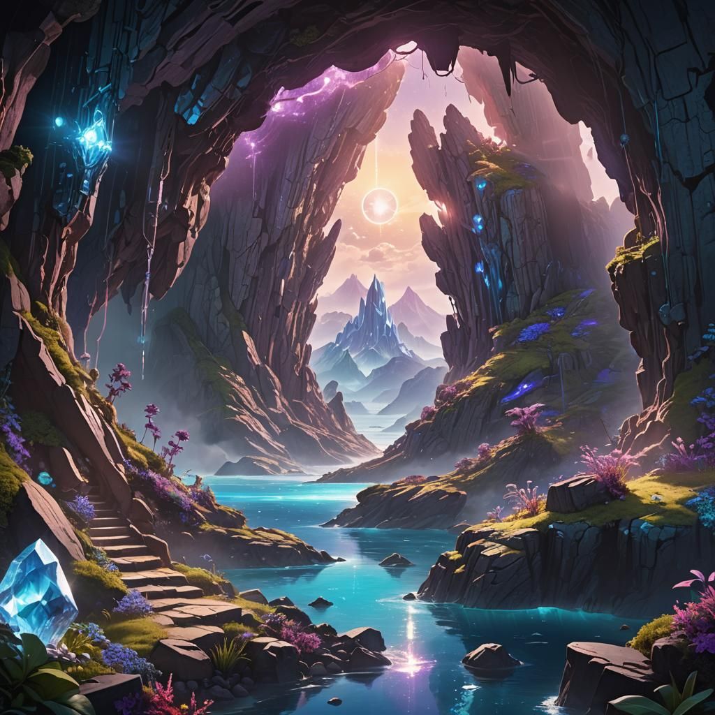 Cave Crystal Island Teleporter: Fantasy Concept Art