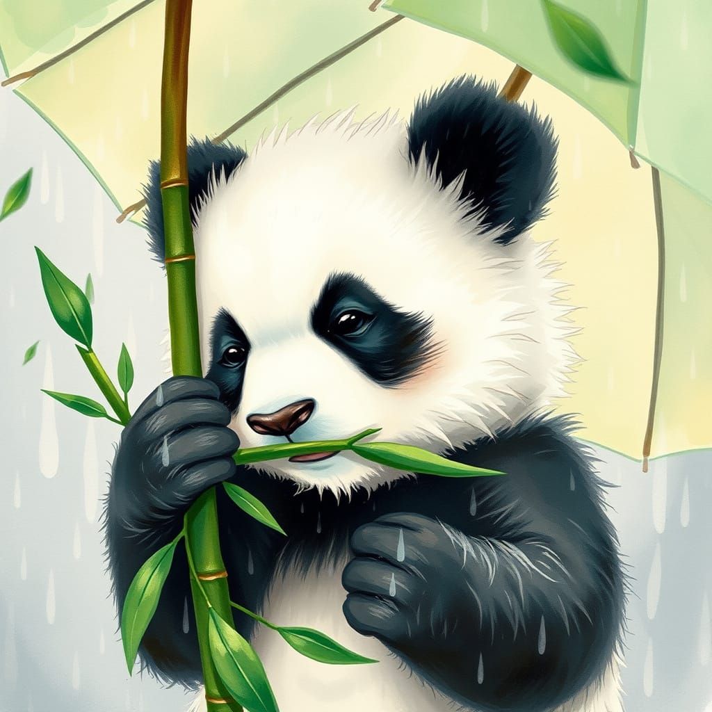 Panda Cub Watercolor Eating Bamboo in Rain