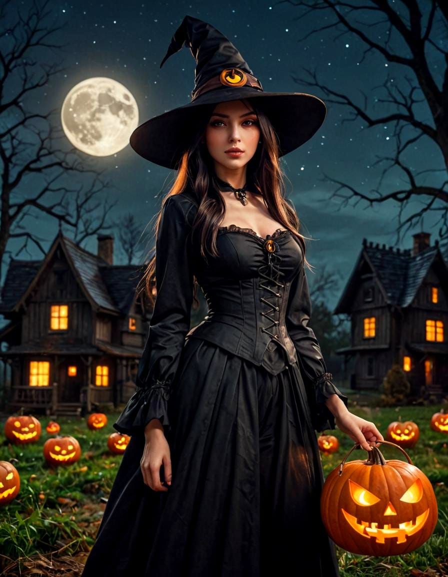 Anime Witch with Glowing Jack-o'-Lantern on Halloween