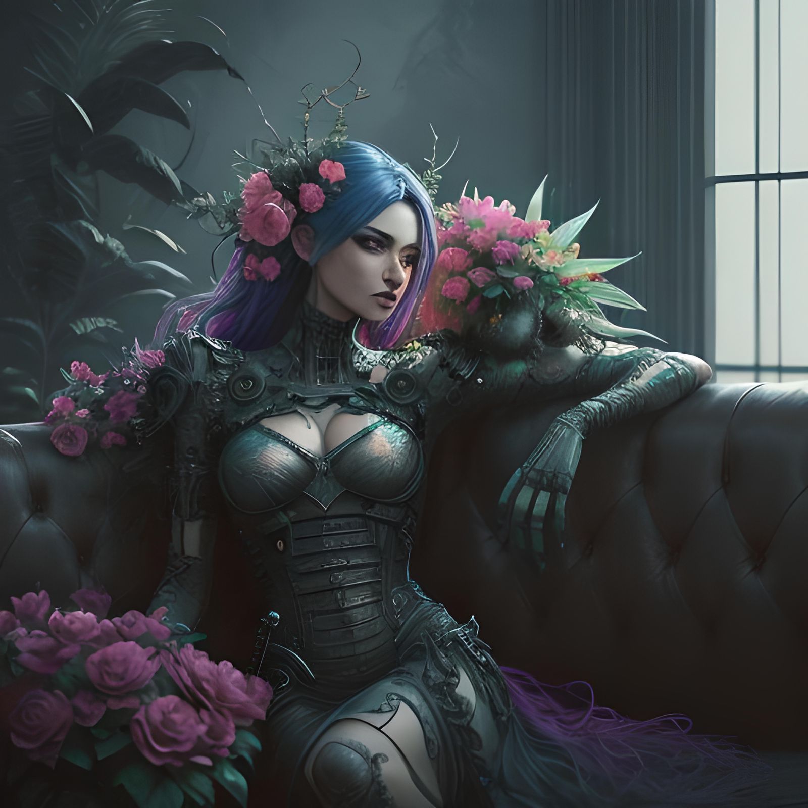 Glitchcore Vaporwave: Plant and Tech Creature on Couch