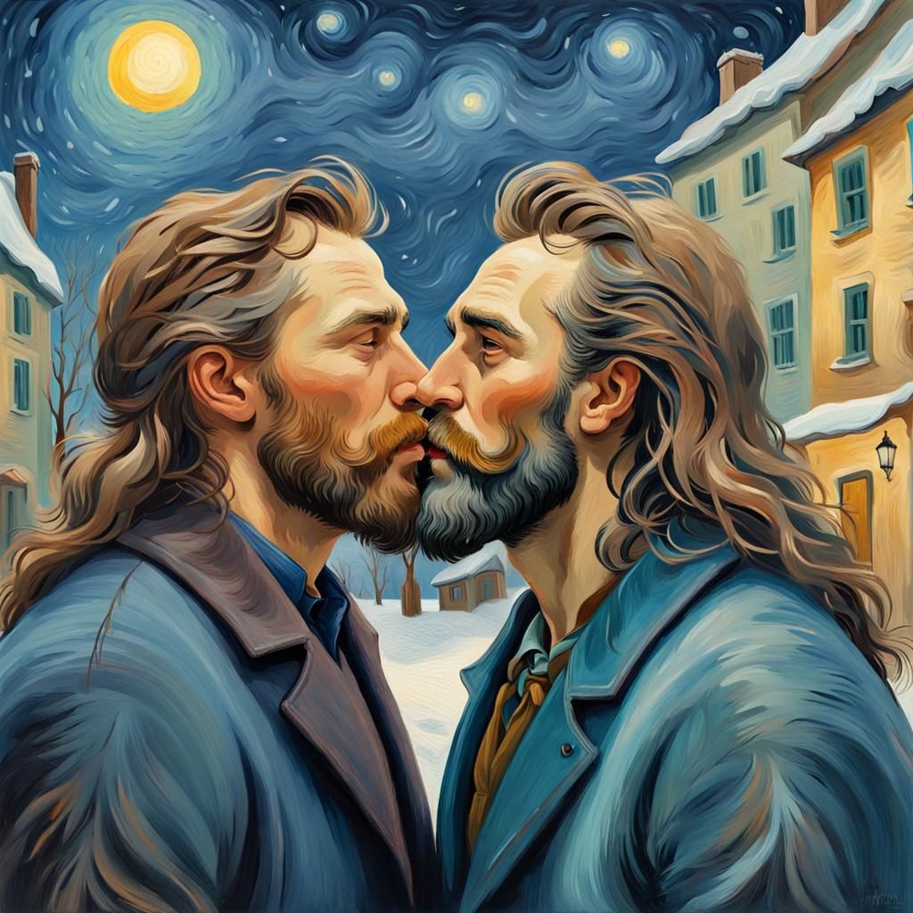 Men Kissing at Winter Solstice, Impressionist Style