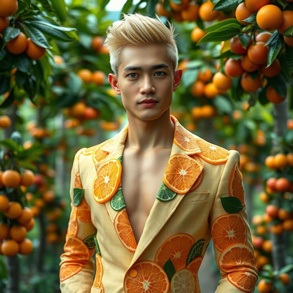 Asian Man in Fruit Suit in Garden, Syd Mead Style