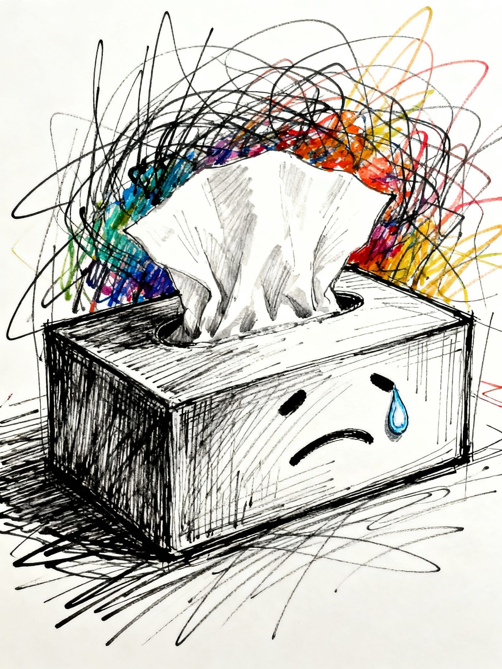 Sad Tissue Box with Chaotic Ink Lines