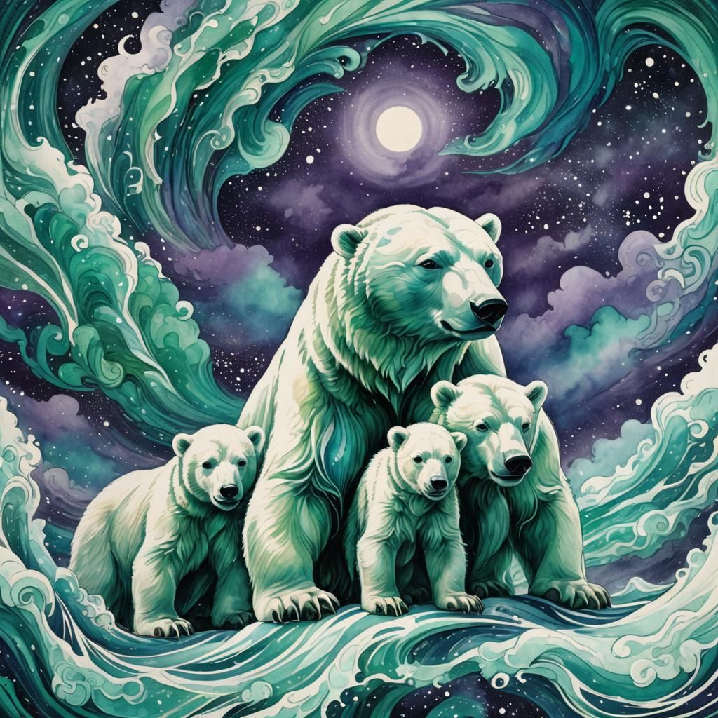 Polar Bear Family Emerges in Psychedelic Dreamscape