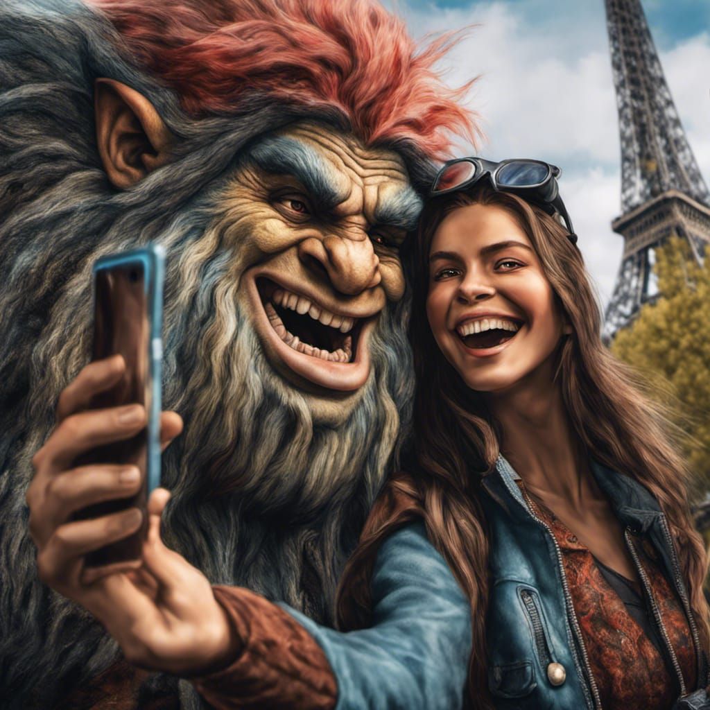 Norwegian Troll Selfie in Paris: Hyperrealistic Art