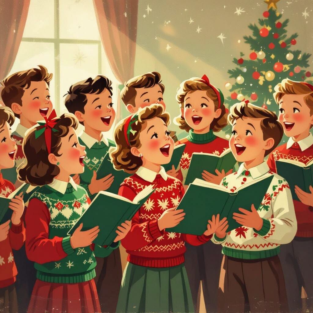 1950s Children Singing Carols in Retro Holiday Style