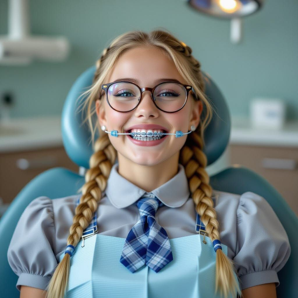 Young Woman with Braces in Dentist Chair, Portrait