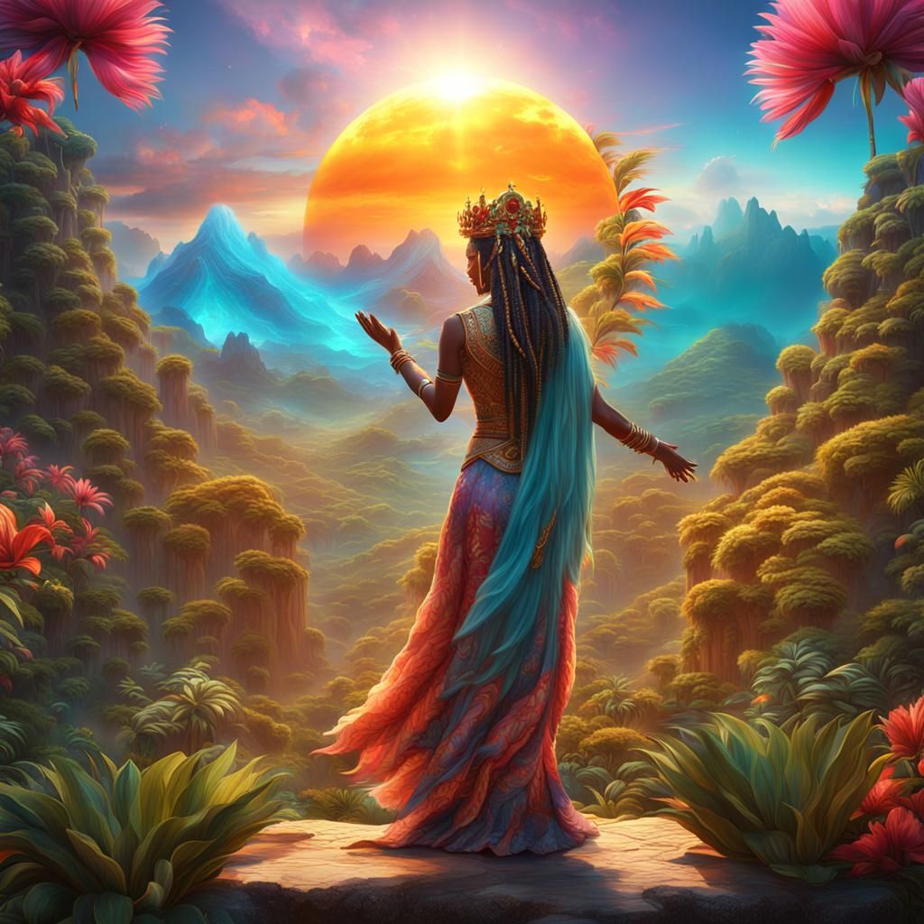 Goddess Queen Dancing on Mystical Tropical Mountain