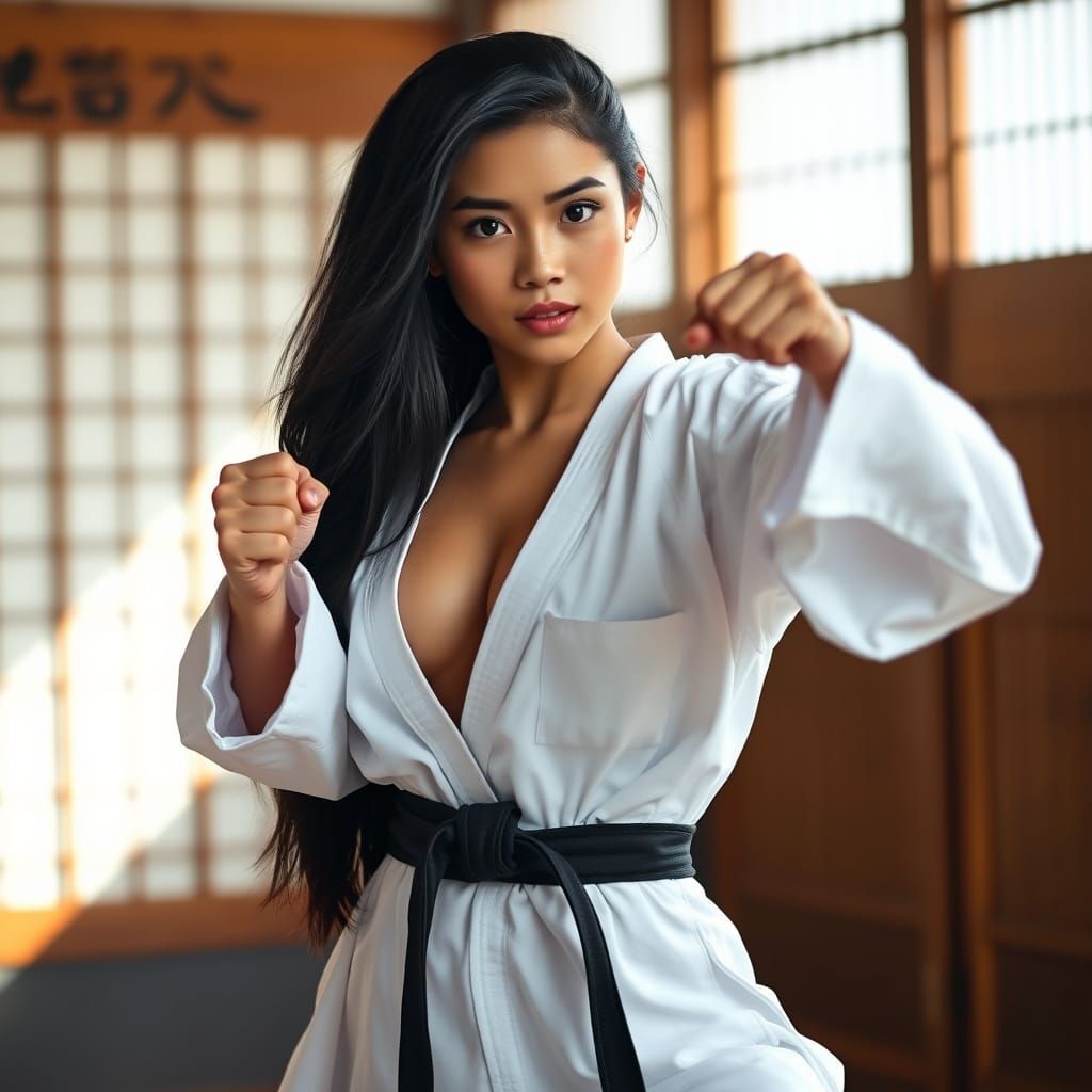 Focused Mexican Woman in Martial Arts Gi