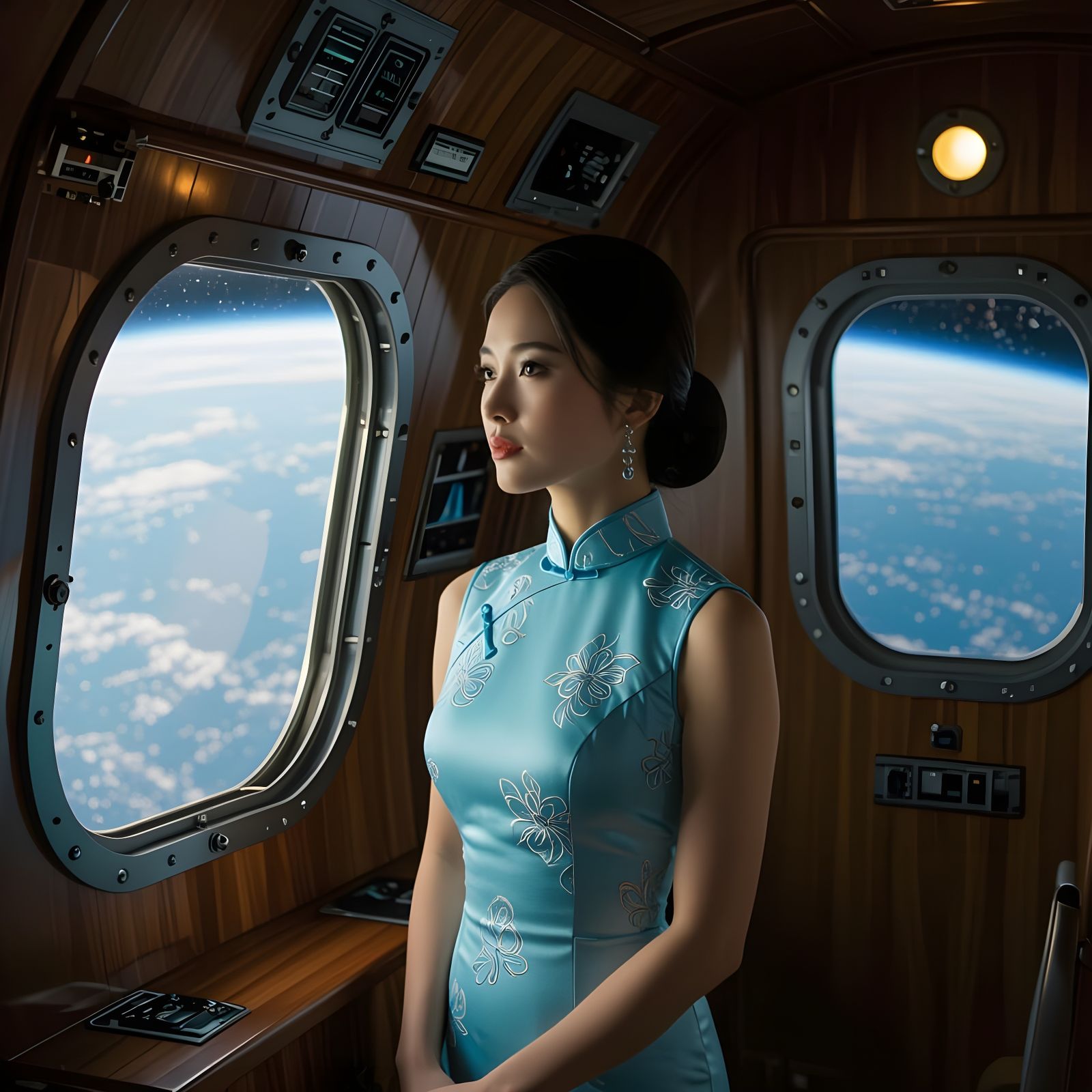 Asian Woman Gazing at Earth in Rocket Ship