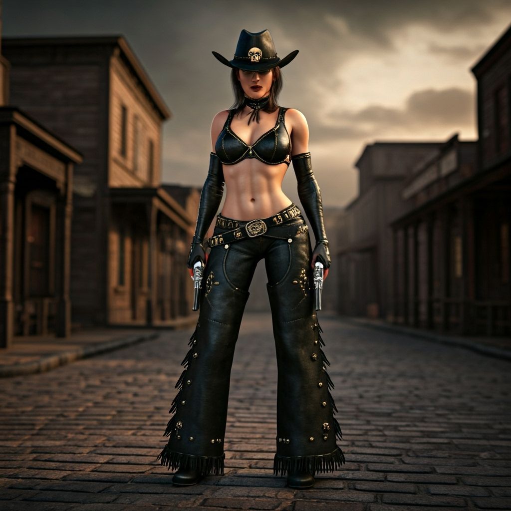 Gothic Cowgirl with Gold Skull in Western Town