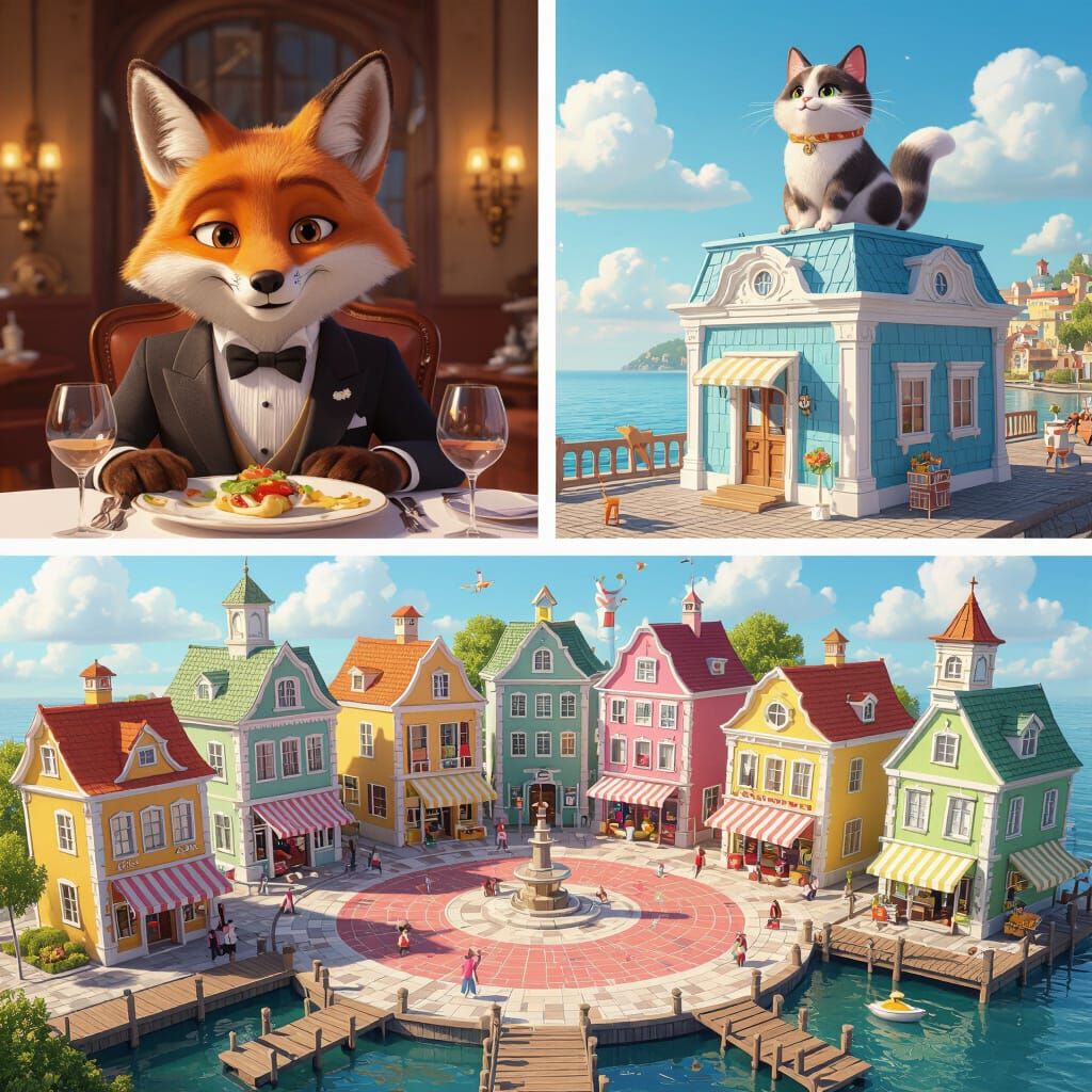 Sophisticated Fox at Dinner Party, Whimsical 3D Cartoon Vill...