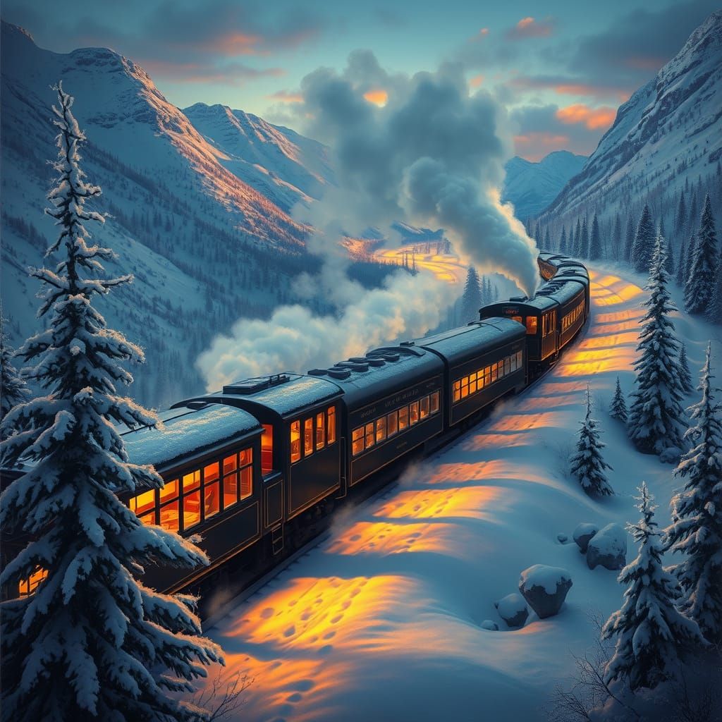 Majestic Steam Train on Snowy Mountain Pass at Twilight