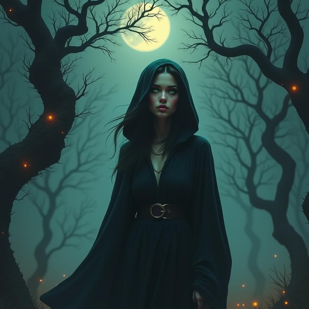 Mystical Woman in Moonlit Forest, Fantasy Concept Art