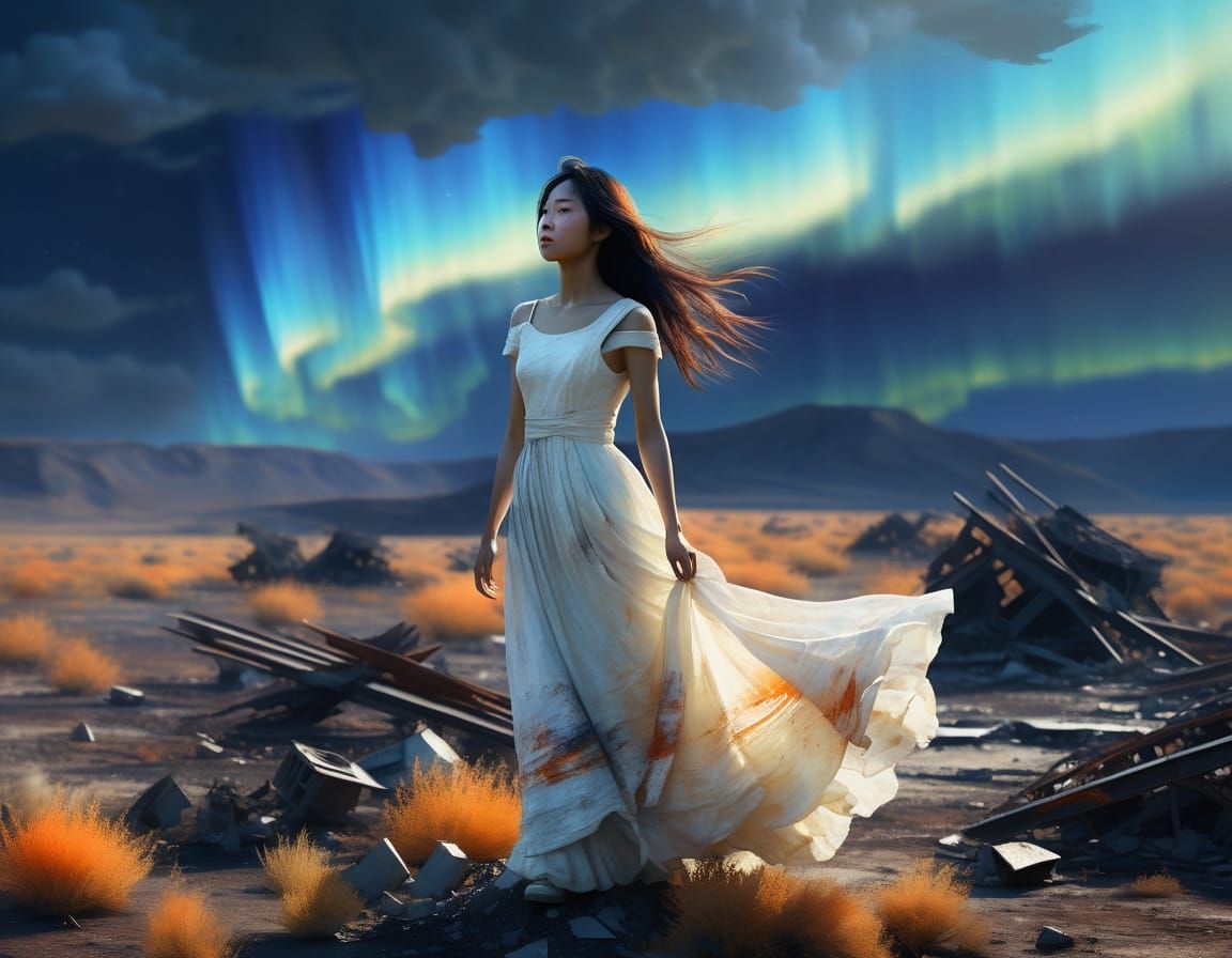 Ethereal Asian Goddess in a Post-Apocalyptic Landscape, Impr...