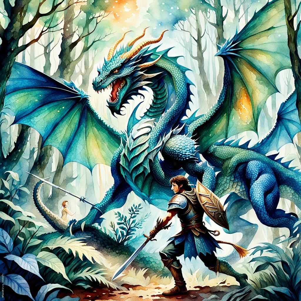 Warrior and Dragon in Mystical Watercolor Forest