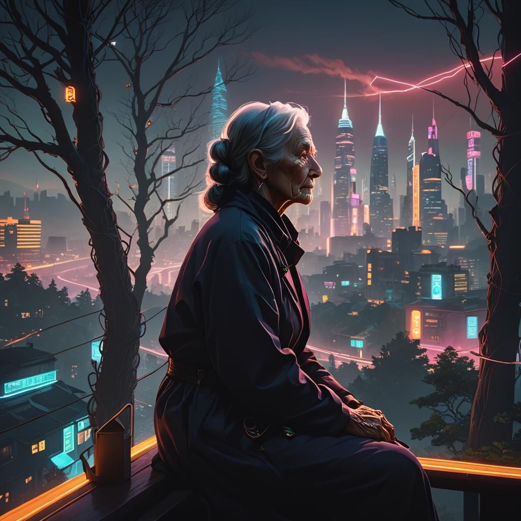 Old Woman Gazing at Retro-Futuristic City