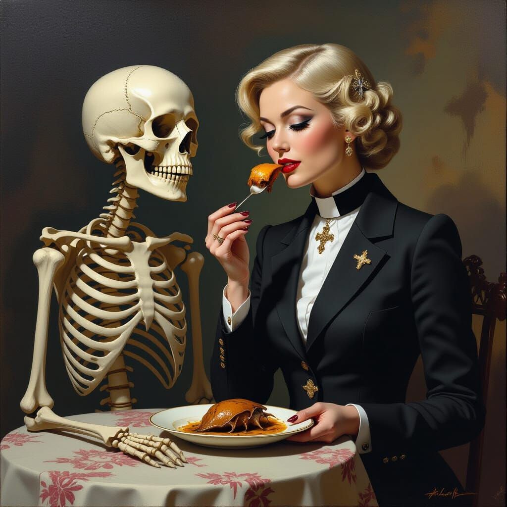 Vicar and Skeleton Share a Bat Dinner