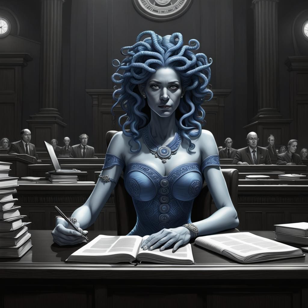 Luminescent Blue Medusa in Courtroom, Detailed Art