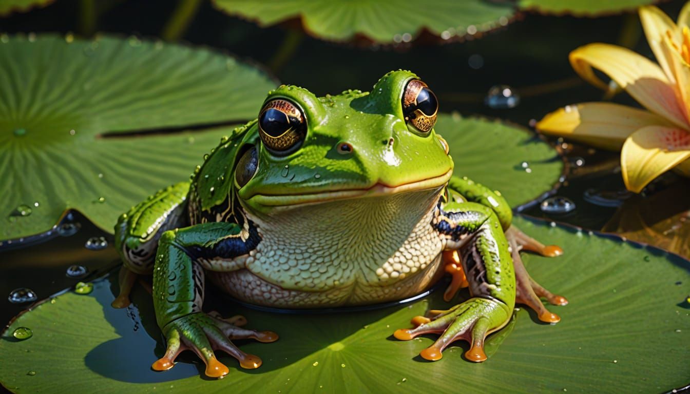 Surprised Frog on Lily Pad in Hyper-Realistic Style