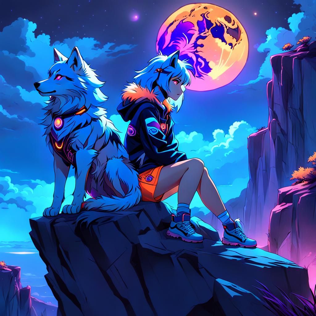 Neon Anime Wolf Girl Gazing at Moon