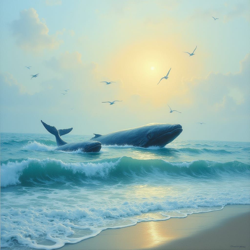 Ethereal Ocean Scene with Majestic Whale Group