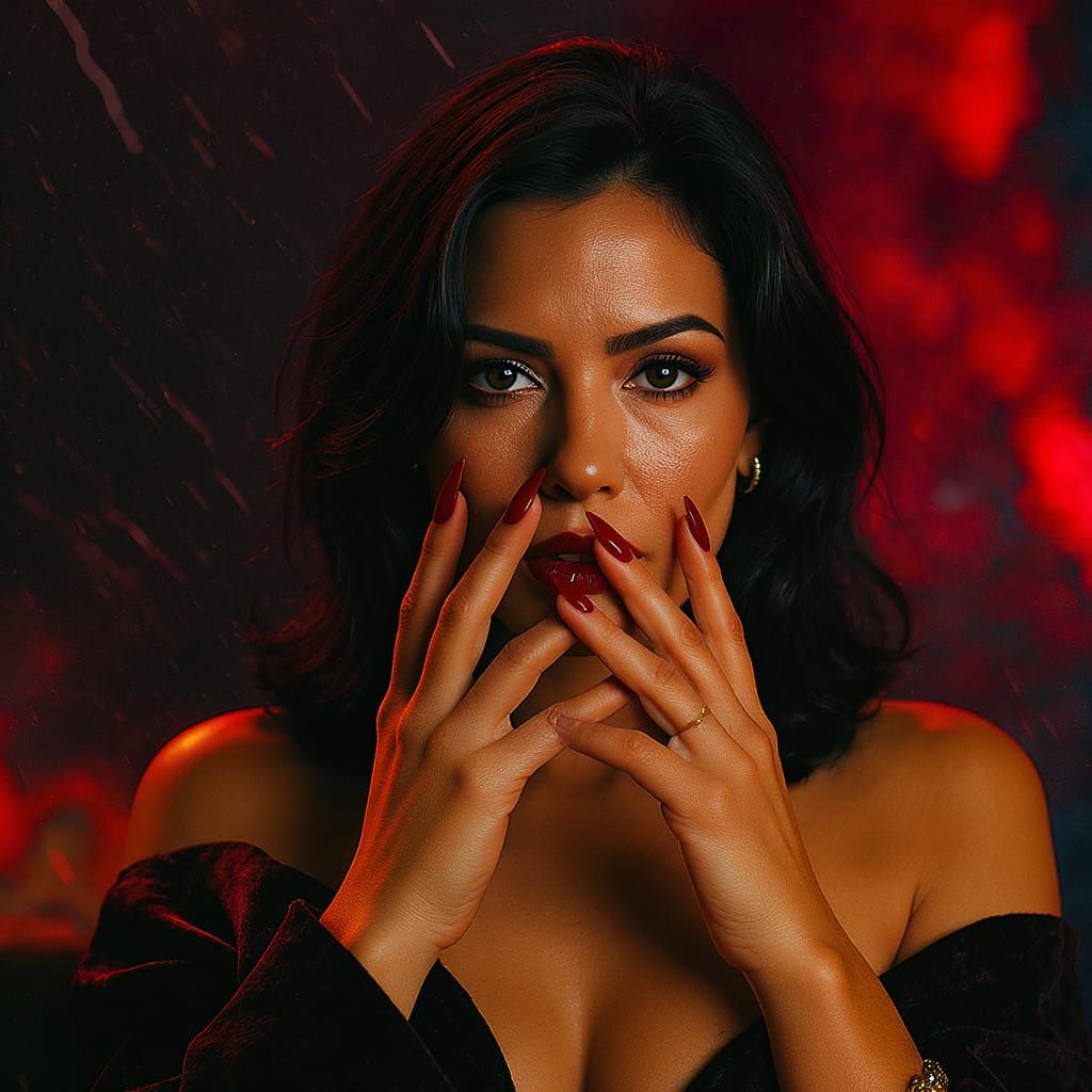 Dramatic Portrait of Woman with Red Nails