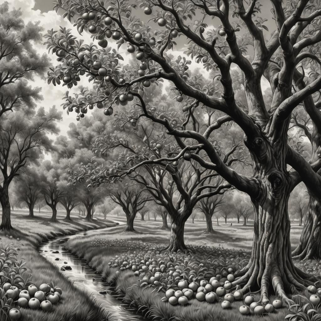 Orchard Apple Trees: Black and White Pencil Sketch