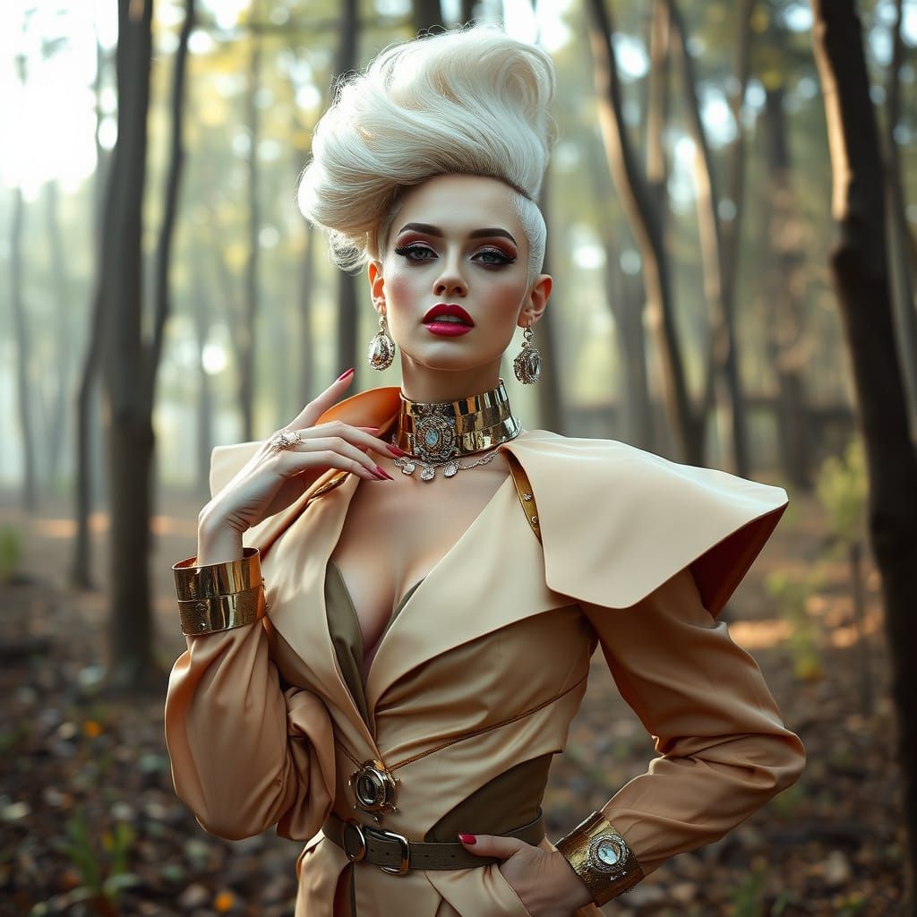 Charming Woman in Forest with Avant-Garde Outfit