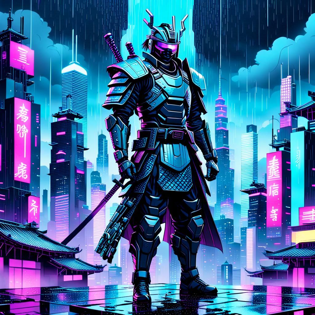 Cyberpunk Samurai on a Neon Rooftop