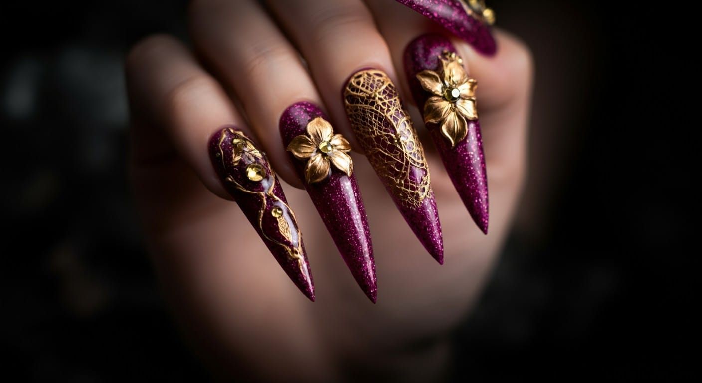 Whimsical Magenta and Gold Stiletto Nail Art