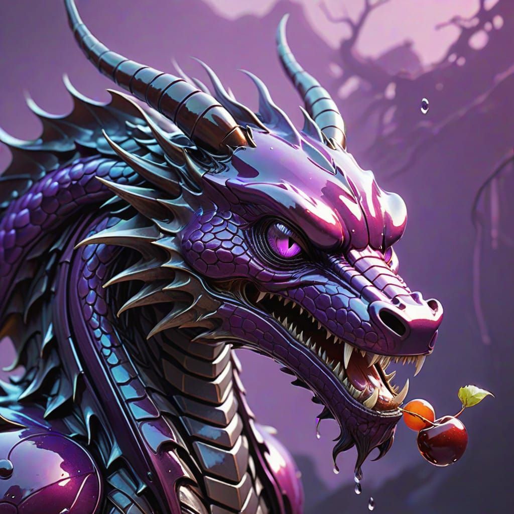 Glossy Purple Dragon Gazing at a Cherry