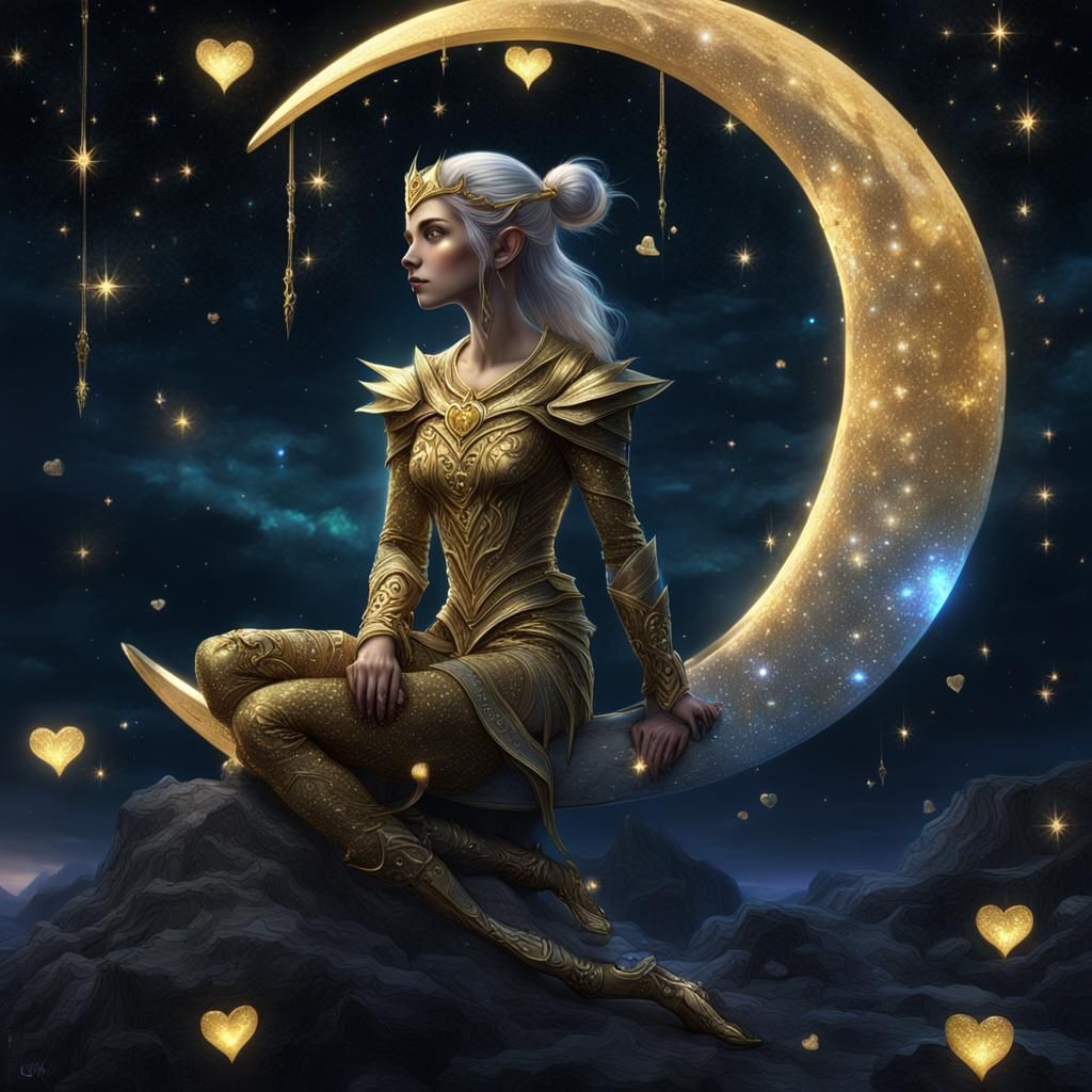 Melancholic Moon Elf on Bioluminescent Crescent Moon
