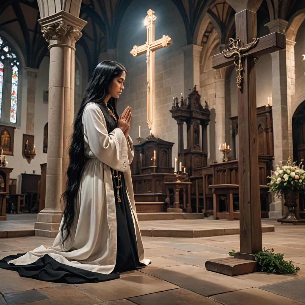 Woman Kneeling in Prayer Before Cross