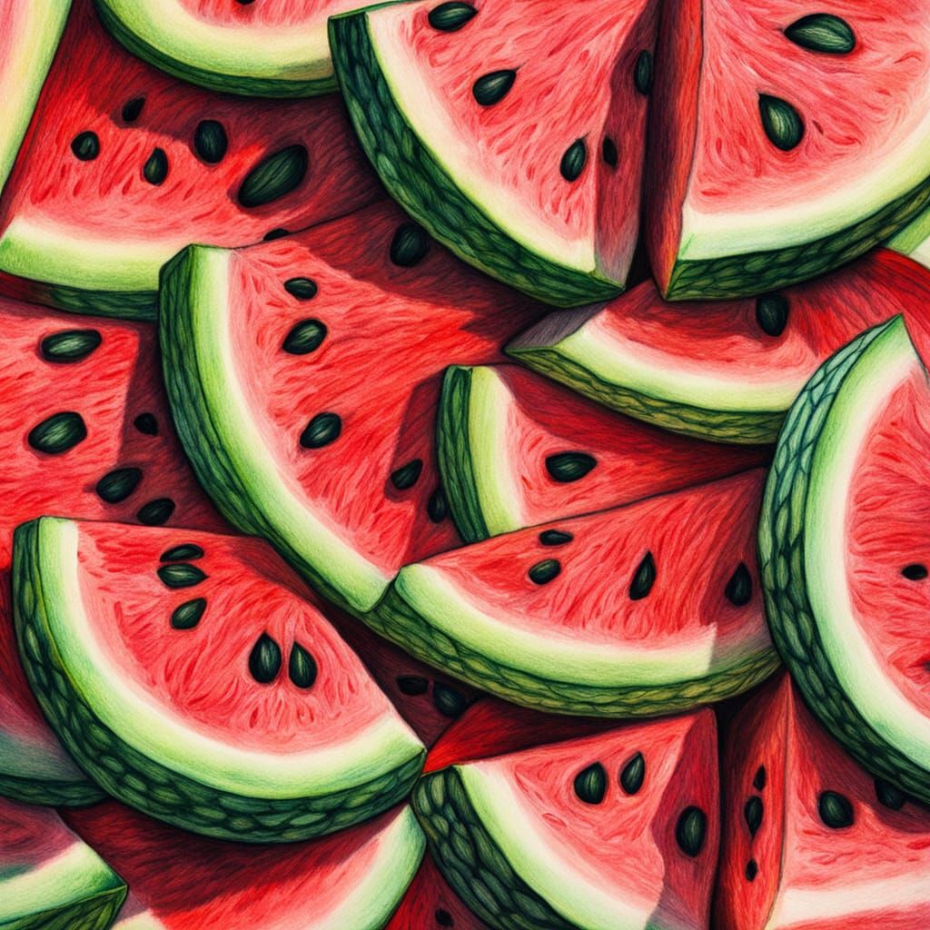 Watermelon Slices in Colored Pencil Drawing Style