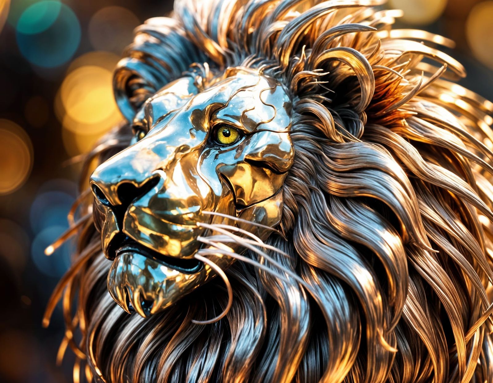Hyperrealistic Lion Sculpture with Copper Wire Mane