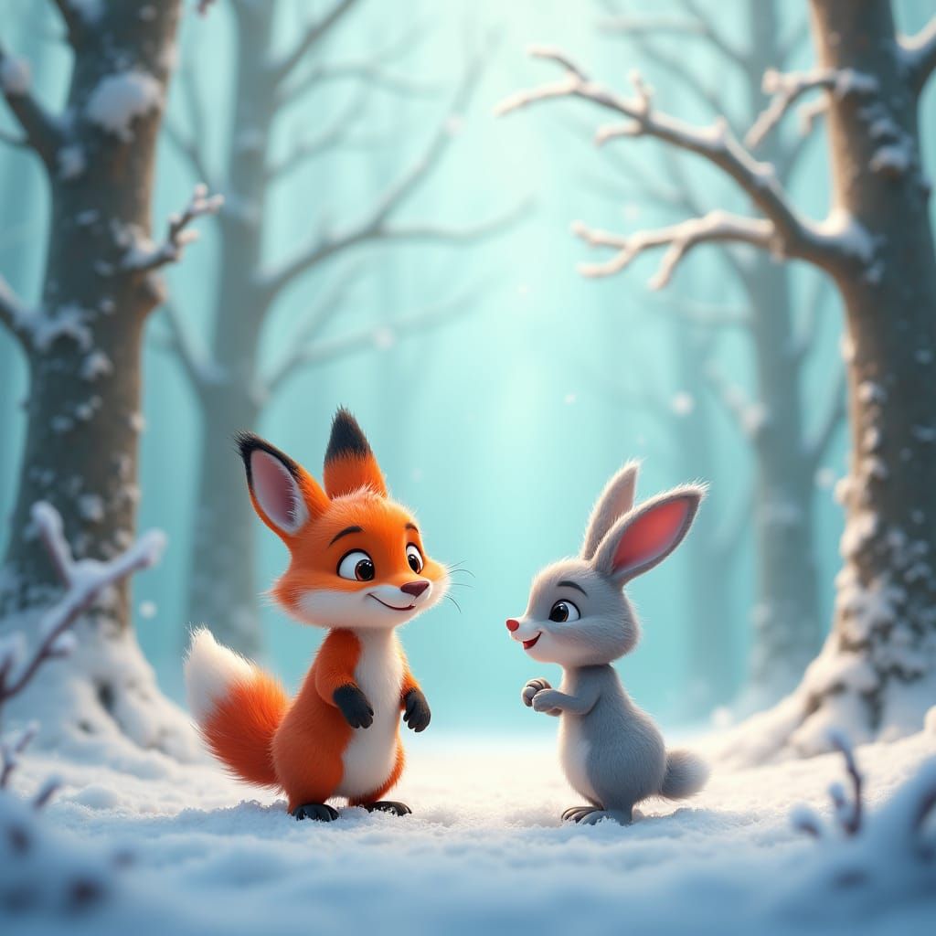 Whimsical Winter Forest Scene in Pixar-Inspired 3D Style
