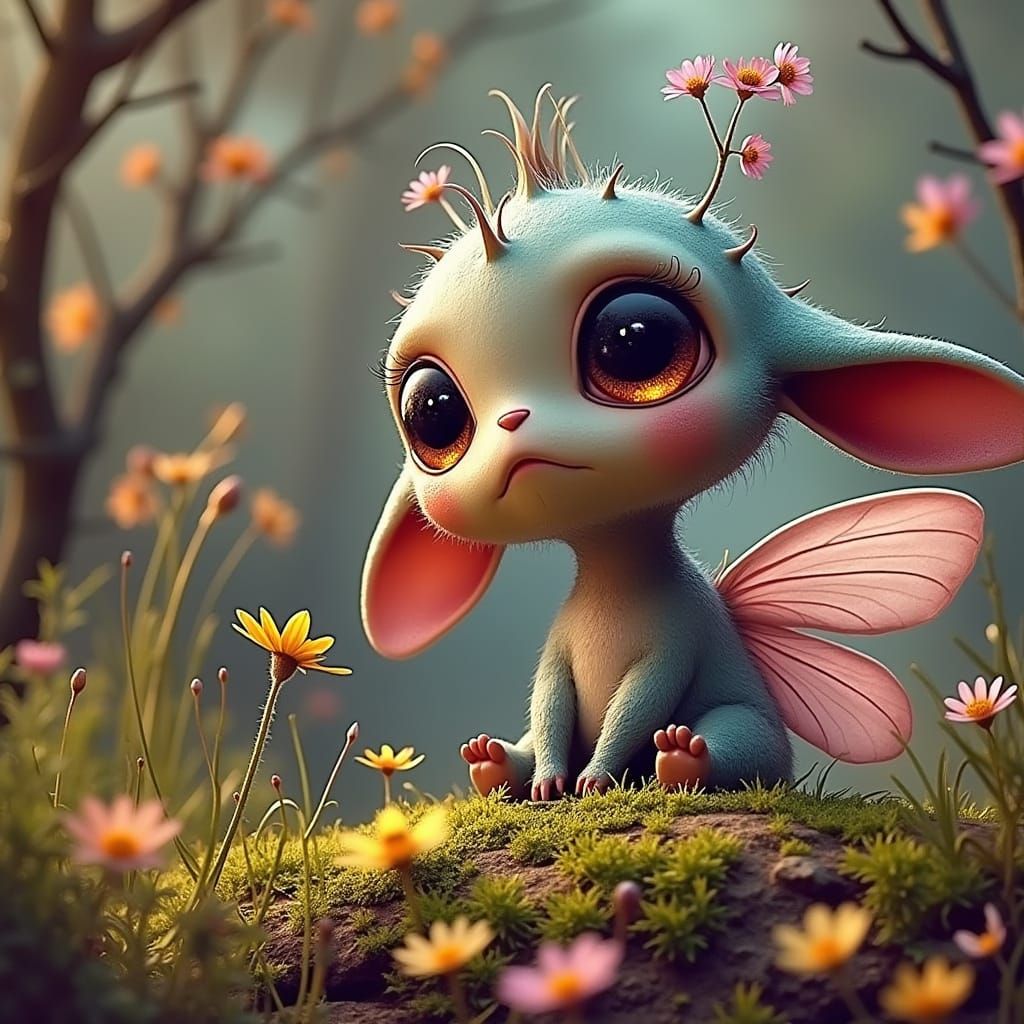 Whimsical Garden Sprite with Chibi Eyes and Delicate Wings