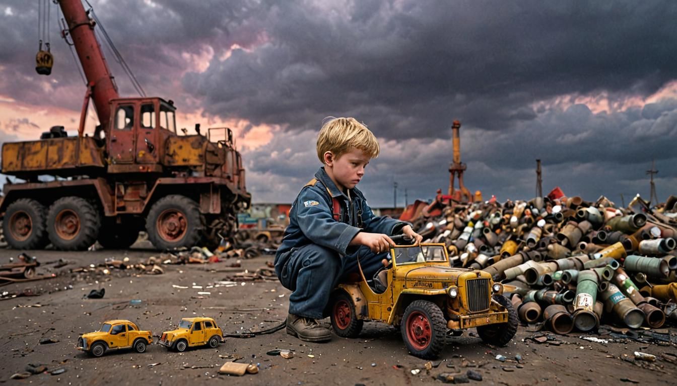 Grimdark Dieselpunk Port Scene with Child