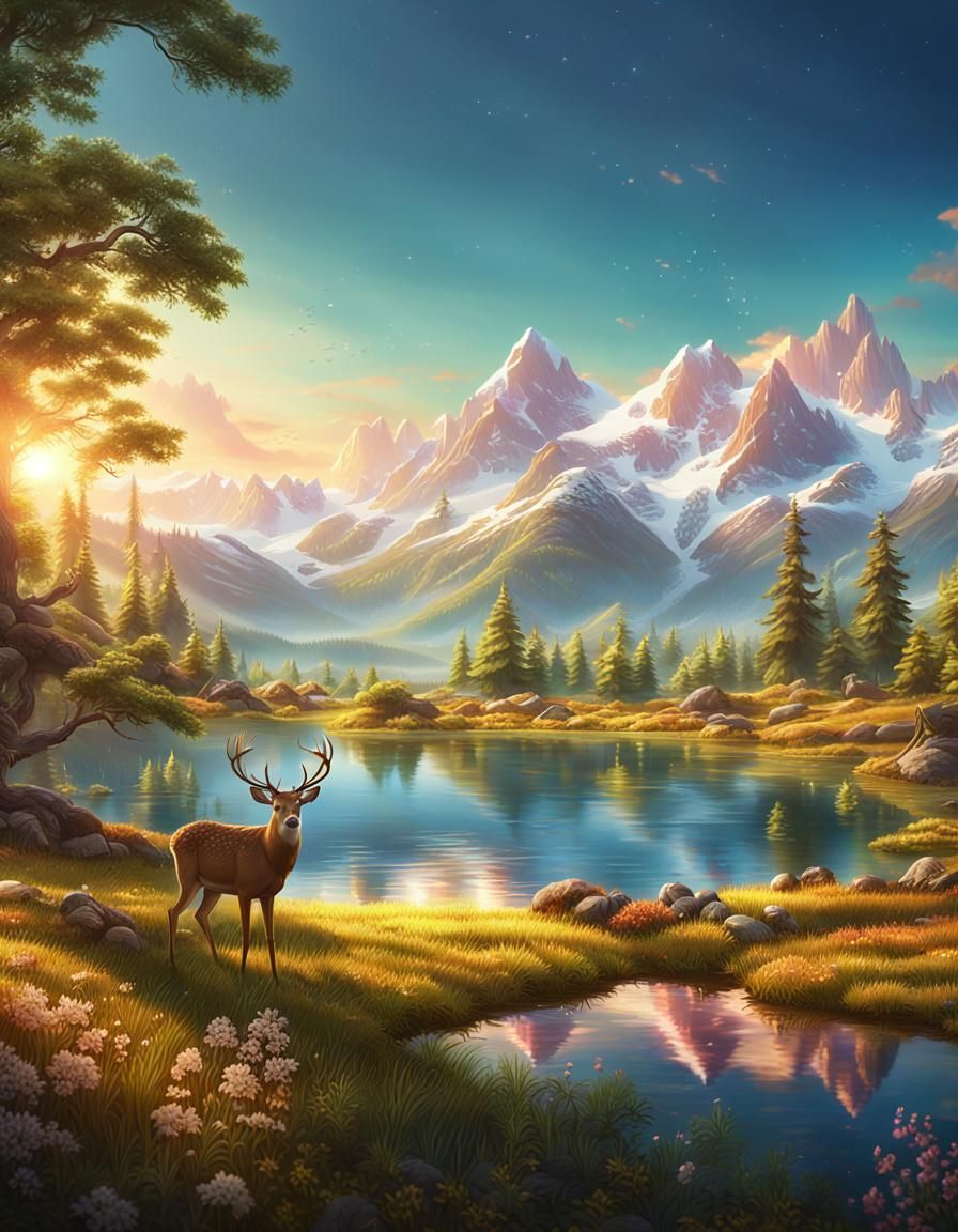 Golden Hour Landscape with Deer in Matte Painting