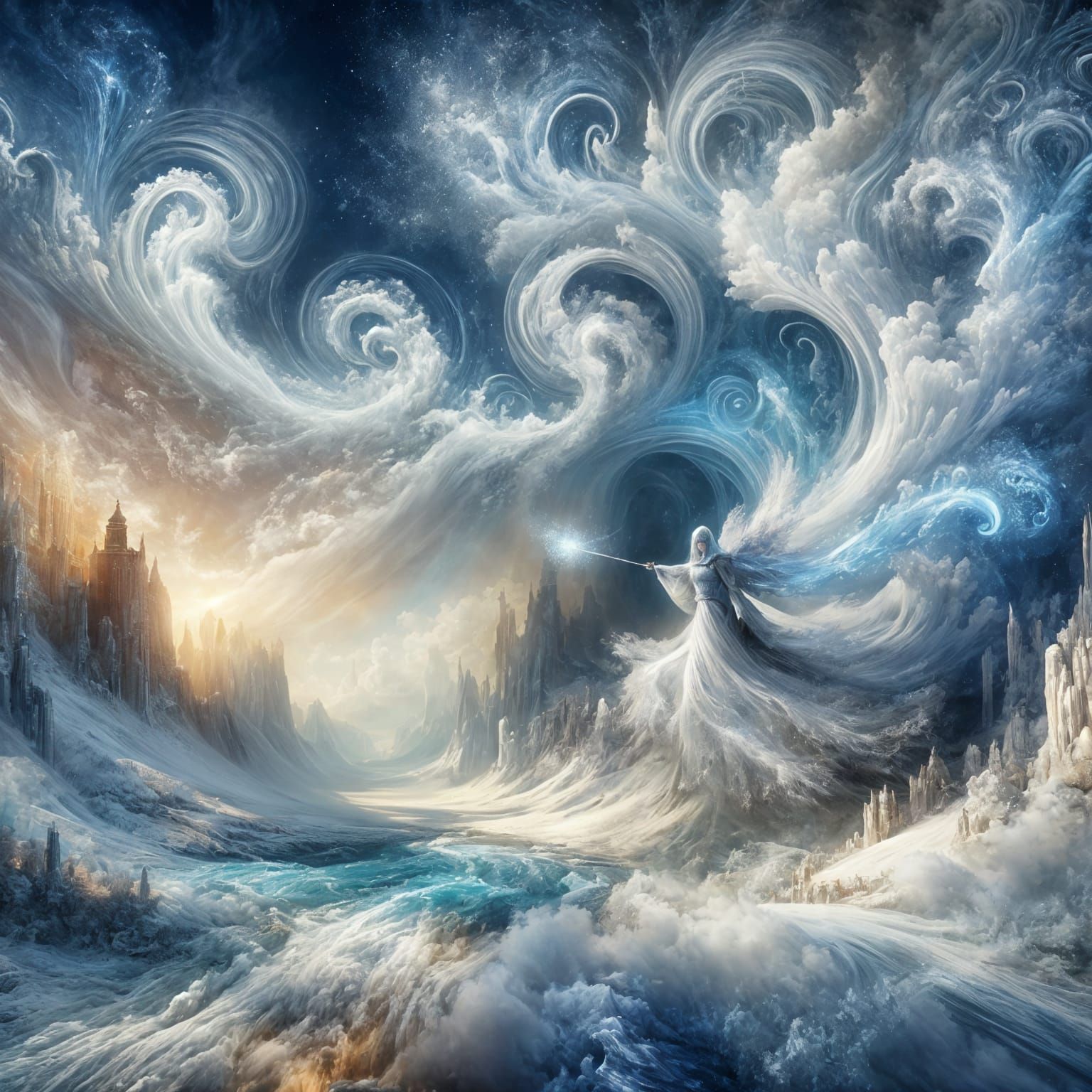 Fantasy Wizard Creates Ice Blizzard in Pastoral Style