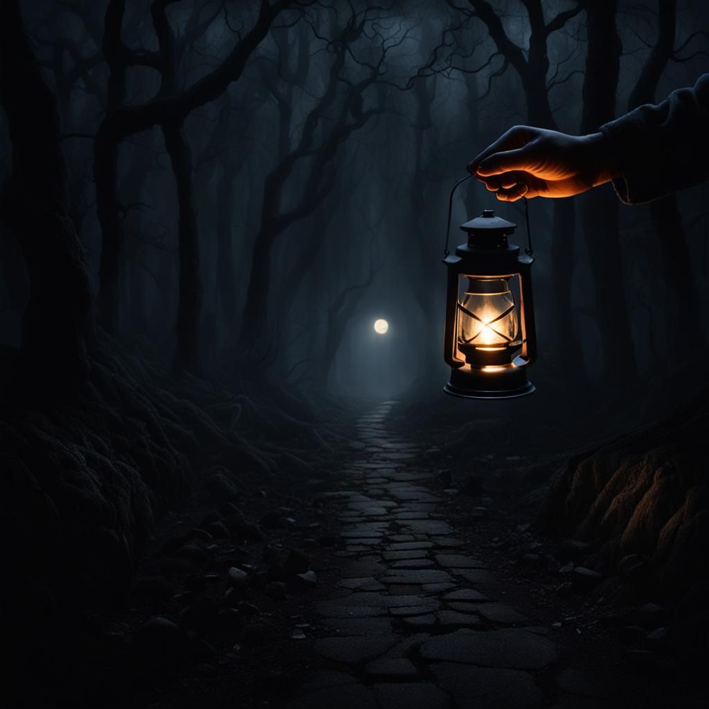Lantern in Dark Foggy Night