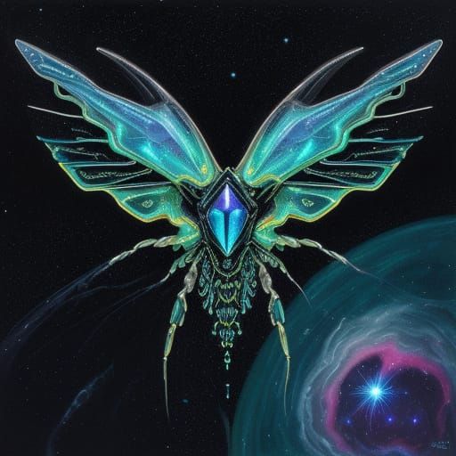 Surreal Bioluminescent Arthropod Spaceship in Cosmic Nebula