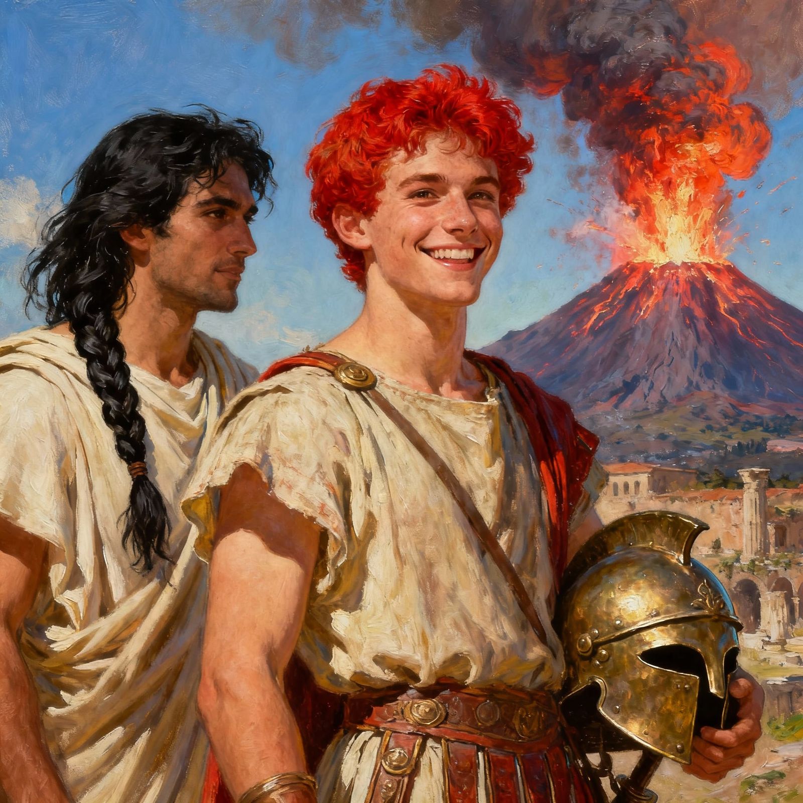 Roman Youths Witness Vesuvius Eruption in Oil Painting