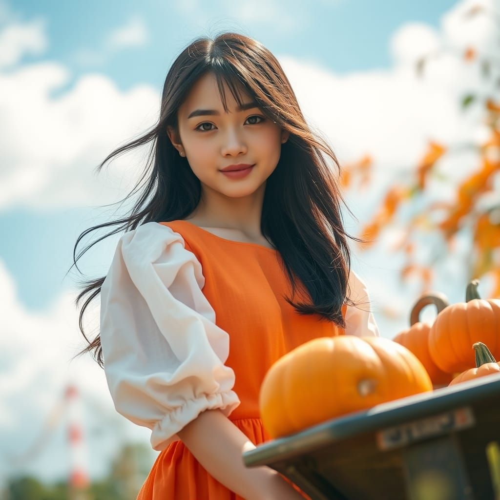 Japanese Girl with Pumpkins in Dreamy Soft Focus